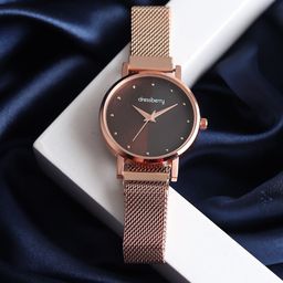 DressBerry Women Black Dial & Rose Gold-Plated Bracelet Style Straps Analogue Watch HOBDB-103-BK-45