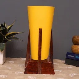 Devansh Yellow & Brown Wooden Table Lamp With Cotton Shade-31