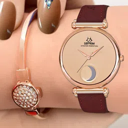 Septem Women Rose Gold-Toned Printed Dial & Red Leather Bracelet Style Straps Analogue Chronograph Watch-image-97
