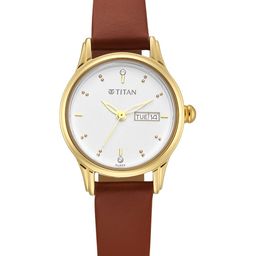 Titan Women White Brass Dial & Brown Leather Straps Analogue Watch 2656YL01-31