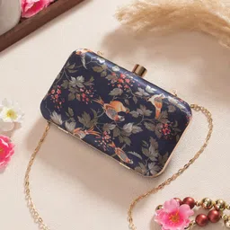 Sangria Navy Blue Floral Printed Box Clutch-8