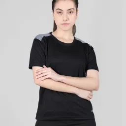 Women Colorblock Round Neck Polyester Black T-Shirt-image-33