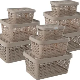 Plastic Set of 9 Stackable Plastic Basket for Storage with Lid | Beige Storage Basket-6
