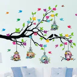 127 cm Colorful Birdcage On Tree Branches - Flower- Sticker ( ideal size - Large ) Self Adhesive Sticker-image-23