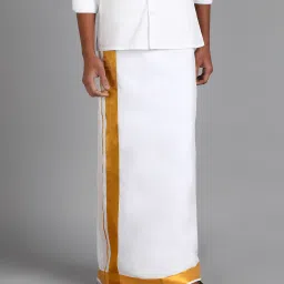 AKESHAVAM Premium quality Men's White Fancy Golden Jari cotton Dhoti(size-125cm w 226cm L) Embroidered, Striped, Solid Men Dhoti-image-22