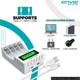 Envie Ultra Fast Charger ECR 11 MC | For AA & AAA Ni-mh Rechargeable Batteries | With LCD Display | 2000MA output current| Compatible with Power Banks | Car Charger | Laptop | Travel Adapter (White) (ECR 11 MC)Camera Battery Charger image 4