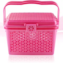 heart home Plastic Pack of 3 Multipurpose Small Storage Box with Lid & Handle | Barbie Pink Storage Basket image 2