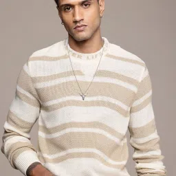 Men Striped Round Neck Beige Sweater-image-69