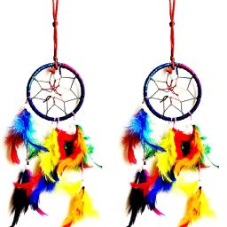 Dream Catcher Wall Hanging Handmade Beaded Circular Net with Feather Decoration Ornaments for positive energy Set Of 2 (Multi) Feather Dream Catcher-image-63
