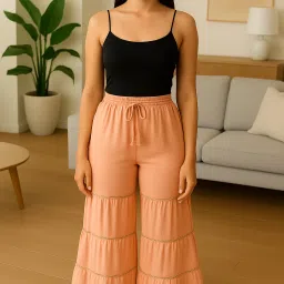 Women Loose Fit, Flared Pink Georgette Trousers-image-80