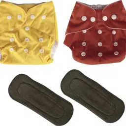 Daily Use Reusable Washable Red Yellow Colour Cloth Diaper With 5 Layer Black Insert For Baby New Born To 2 Year (2 Diaper +2 Insert) - S - M-2