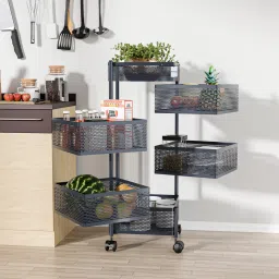 5+1 Layer Kitchen Storage Rack with Wheels | Square Shape - Dark Grey Iron Kitchen Trolley-image-73