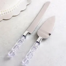 Stainless Steel Cake Knife and Server Set with Acrylic Handle Slicer Cutter Pizza Shovel Knife Pie Server Hand Tool with Cutting Knife Decorating Tool (Set of 2 pcs) Crystal, Stainless Steel Cake Server-18