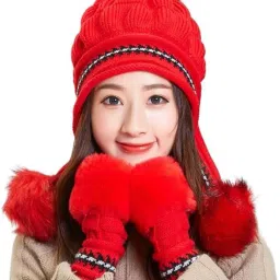 Women's Winter Woolen Beanie (Fur Inside) and Gloves set for women Girl's winter Beanie-image-8