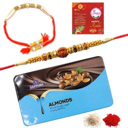 Combo Sapphire Chocolate Coated Almonds 175G,2 Rakhi Set,1Pack Roli Chawal (N441 Gold Gift Box-image-91