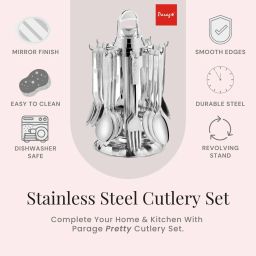 parage Pretty 25 Pieces Cutlery Set for Dining Table, Spoons Set Combo With Stand, Stainless Steel Cutlery Set image 4