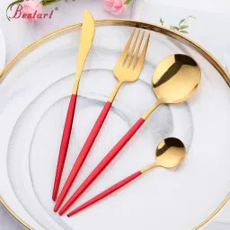 Premium Gold Dinnerware Set Includes Dinner Knife/Fork/Spoon With Red Handle Stainless Steel Cutlery Set-image-41