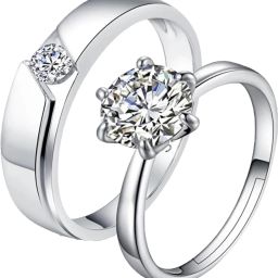 Queen & King Sterling Silver Plated Zirconia Adjustable (Resizable) Couple Rings Sterling Silver Swarovski Zirconia Sterling Silver Plated Ring Set-image-50