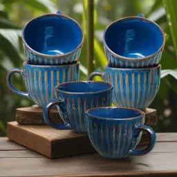 Pack of 6 Ceramic ICORA® Tea Cups | Stripped Midnight Blue, 150ML each-image-27