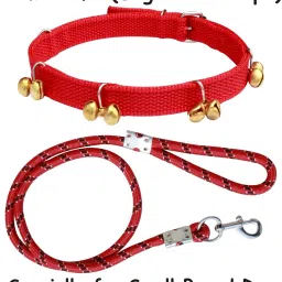 Dog Belt (Combo of 2) Red Ghungroo Dog Collar + Red Lead Specially for Small Breeds Dog Collar & Leash-image-44