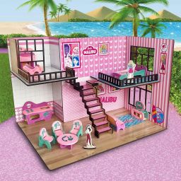 Malibu Doll House for Girls and Boys, DIY Paint Wooden Doll House Toy-4