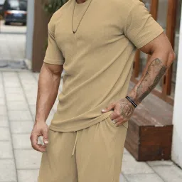 Men Night Suit Set Beige Solid-image-6