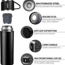 rxpo Vacuum Insulated Flask set 3Cup set (Black) 500 ml Flask 500 ml Flask image 3