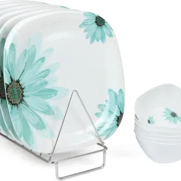 Beautiful Flower Printed Melamine Full Size Square Dinner Plate & Veg. Bowl (Set of 6 Both; 11 Inches) Dinner Plate-17