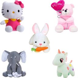 Adorable and lovable set of 5 super soft stuffed toys in beautiful shades of rabbit, unicorn, hello kitty, teddy bear, elephant / special gift for kids, birthdays and anniversaries / home decoration - 25 cm-26