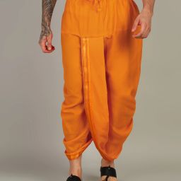 SAC SHREE APARAJEET CREATIONS Mens Kesari Colour Panjakejam Readymade Golden Zari Border Dhoti Free size Silk Embroidered, Striped, Solid Men Dhoti-picture-8
