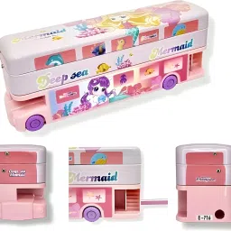Bus Pencil Box For Kids With Moving Tyre'S & Sharpener Geometry Case For Boys & Girls (Mermaid Pink) Art Metal Pencil Box-image-69