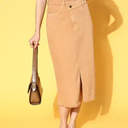 Women Solid Wrap Around Beige Skirt-image-27