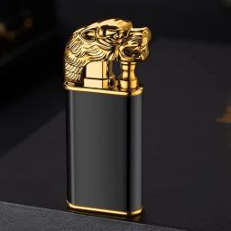 Tiger Head Gold Brushed Black Dual Flame Solid Cigar, Cigarette Candle refillable Pocket Gas Lighter | Metal Body | Windproof & Jet Flame Pocket Lighter-14