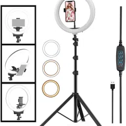 Treadmill 100% good Quality 10" inch LED Ring Light with 7 Ft Tripod Stand Combo and Phone Holder for Tiktok YouTube Reels Photo-shoot Video Live Stream Makeup Videos vlogging Vigo Video Shooting | 3 color modes Dimmable Lighting | Recording with Mobile Phone and Camera Clip Setup Ring Flash Flash-14