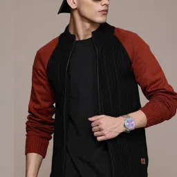 Men Self Design High Neck Black, Brown Sweater-picture-22