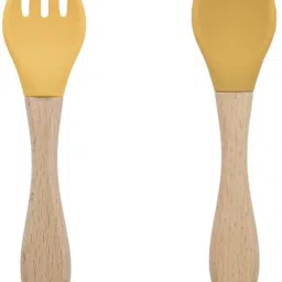 Baby Silicon Spoon and fork Set , BPA-Free Self Feeding Utensils for Newborns- wooden, silicone-image-31