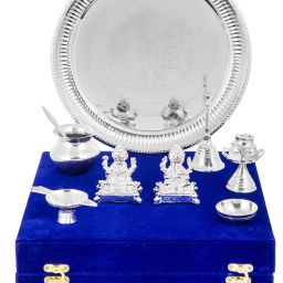 Laxmi Ganesh Idol/Murti, 6 Peices Pooja set in Red Velvet Box Brass, Polyresin, Silver-image-29
