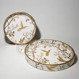 Set of 2 MDF Wood Round White-Gold Birds Handcrafted Trays Tray Serving Set-33