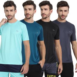 Pack of 4 Men Solid Round Neck Polyester Light Blue, Blue, Black, Grey T-Shirt-picture-12