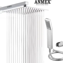 ANMEX COMBO of SS304 UltraSlim High Pressure Rainfall Shower Head With Shower Fit Arm HandShower (ABS),SS304 1.5mtr Tube And Hook 6X6+15Inch Arm+HandShower Set)-17