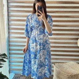 Women Fit and Flare Light Blue Below Knee Dress-image-73