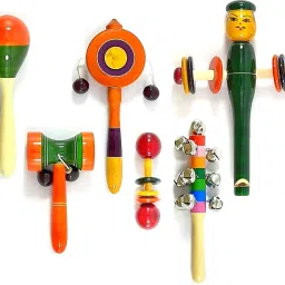 Wooden Egg Shaker, Damru, Plate, Dumble, Ten Bell, and Men Whistle (Set of 6) Rattle-image-1