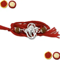 Thread Real 925 Fine Silver Rakhi | Ganesh ji Silver Rakhi for Brother (Pack Of 1) Silver Chawal Roli PackSet-11