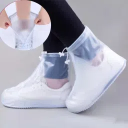 Waterproof Thick Plastic Reusable Rain Shoe Covers Mid-Top Polyester White Boots Shoe Cover-image-2