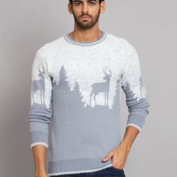 Men Printed Round Neck Blue, White Sweater-image-3