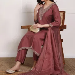 Women Pure Silk Kurti Pant Dupatta Set-image-52
