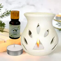 Small Ceramic White Diffuser With 10ml Jasmine Fragrance, One Tea Lights Candles Diffuser Set, Aroma Oil-103