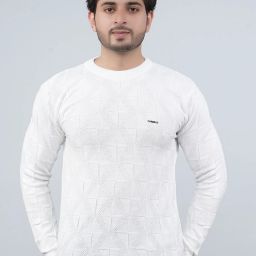 Men Self Design Round Neck White Sweater-image-97