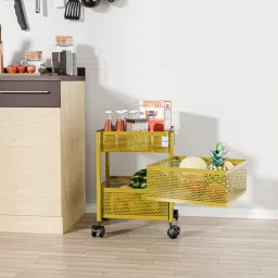 2+1 Layer Kitchen Metal Storage Rack with Wheels | Square Shape - Golden Iron Kitchen Trolley-image-44