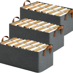 Polyester, Stainless Steel Closet Clothes Organizer Pack Of 3 with Handle, Closet Shelf Fabric Storage Storage Basket-16